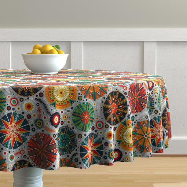 70in x 108in Cotton Sateen Tablecloth Pysanky Abstract Rainbow Polka Dots Colorful Colourful Ornament Decoration Circles Print Roostery Tablecloth 